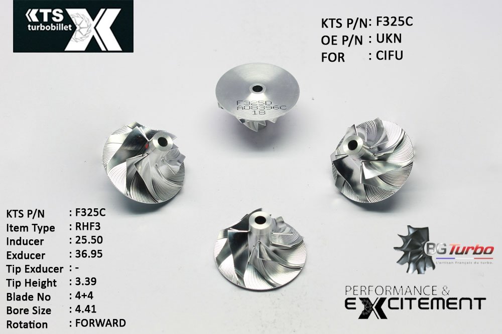 Turbo ROUE FORGÉE MFS PERFORMANCE - 4+4 PALES - INDUCER : 25,5 - EXDUCER : 36,95 - TYPE : RHF3ANGLE : 45° - ROTATION : Forward - SUPER BACK : 1,06 - BORE SIZE : 4,41
